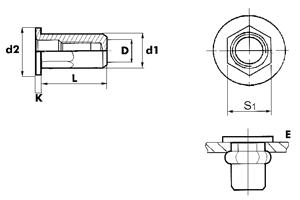 Заклепка резьбовая, шестигранная 1/2, цилиндрический бортик (стальная)