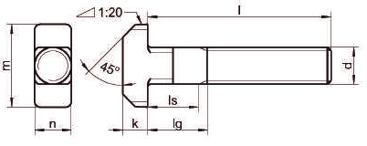 Чертеж нержавеющего болта с Т-образной головкой DIN 186 B A2 A4 с квадратным подголовником