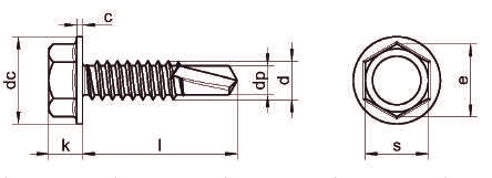 Чертеж самореза нержавеющего сверлоконечного, форма К DIN 7504 A2 с шестигранной головкой с фланцем
