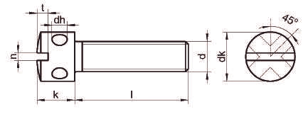 Чертеж винта с радиальным отверстием DIN 404 A2 A4 в цилиндрической головке, прямой шлиц