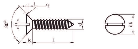 Чертеж самореза с потайной головкой DIN 7972 A2 прямой шлиц, форма С