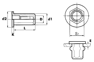 Заклепка резьбовая шестигранная, глухая, цилиндрический бортик (стальная)
