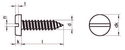 Чертеж самореза с цилиндрической головкой DIN 7971 A2 прямой шлиц, форма С